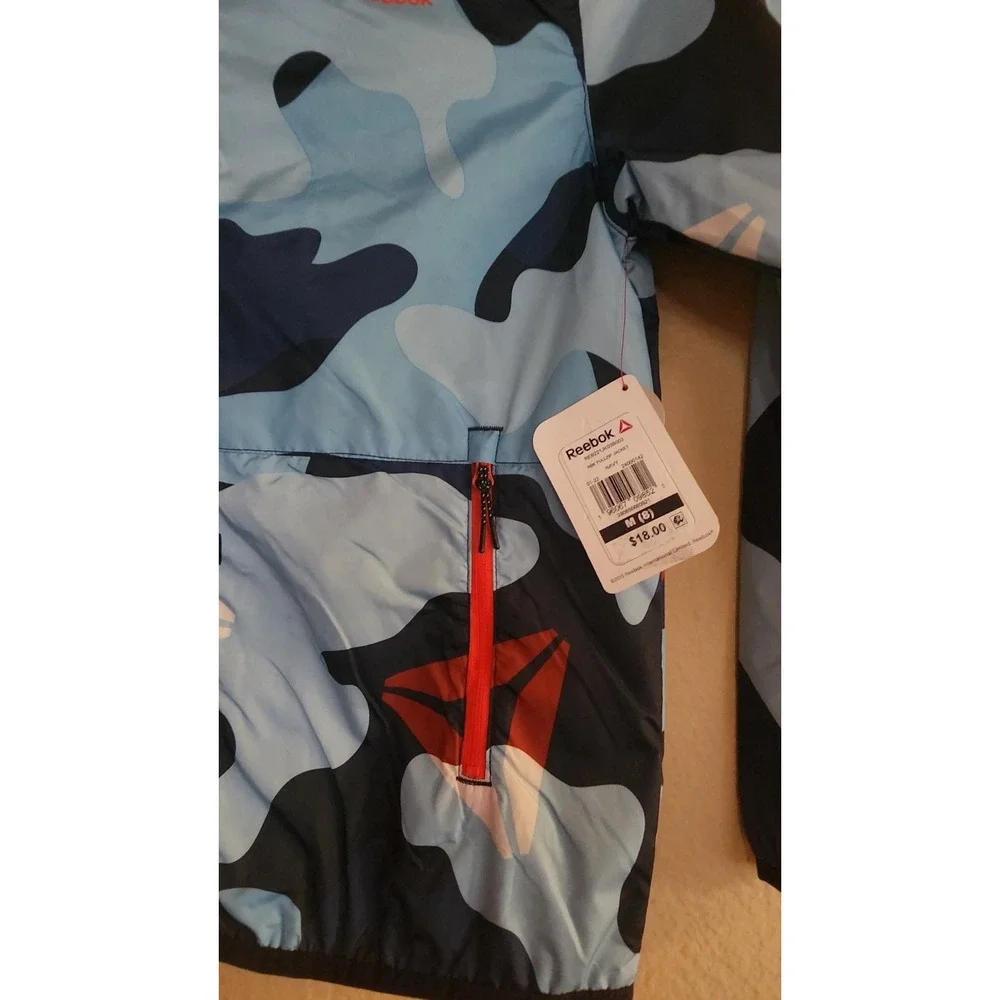 REEBOK Boys Full Zip Camo Hooded Jacket Wind Breaker Pockets M 8 NWT